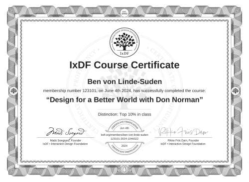 Design for a Better World with Don Norman certificate