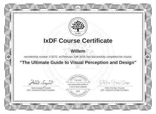 IxDF Course Certificate awarded to Willem for completing the "The Ultimate Guide to Visual Perception and Design" course