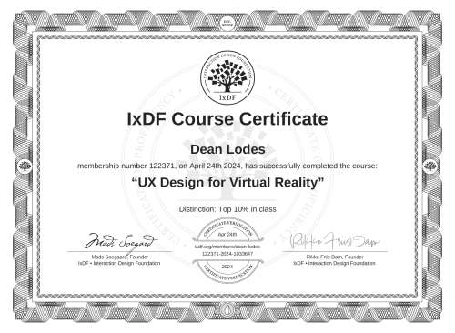 IxDF Course Certificate awarded to Dean Lodes for completing the "UX Design for Virtual Reality" course