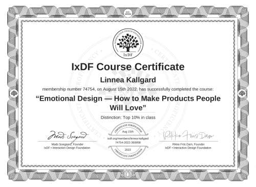 IxDF Course Certificate awarded to Linnéa Källgård for completing the "Emotional Design — How to Make Products People Will Love" course