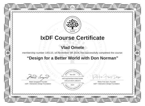 Design for a Better World with Don Norman certificate