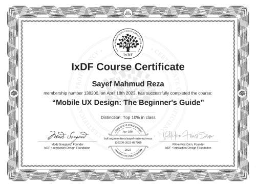 Mobile UX Design: The Beginner's Guide certificate