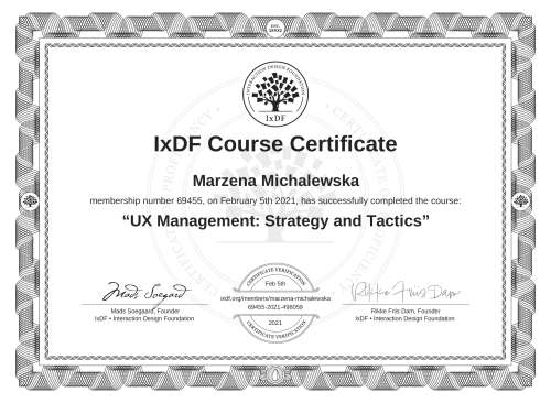 UX Management: Strategy and Tactics certificate