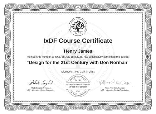 Design for the 21st Century with Don Norman certificate