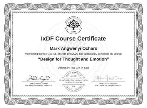 Design for Thought and Emotion certificate