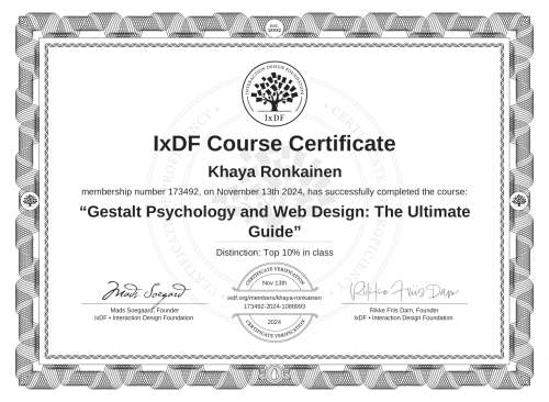 IxDF Course Certificate awarded to Khaya Ronkainen for completing the "Gestalt Psychology and Web Design: The Ultimate Guide" course