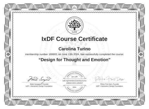 Design for Thought and Emotion certificate
