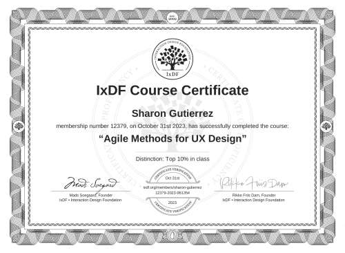 IxDF Course Certificate awarded to Sharon Gutierrez for completing the "Agile Methods for UX Design" course