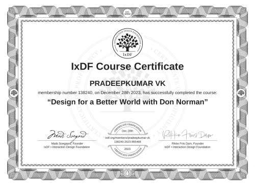 Design for a Better World with Don Norman certificate