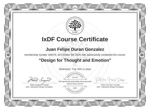 Design for Thought and Emotion certificate