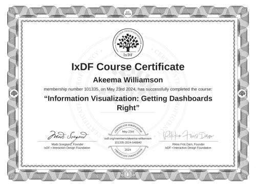 Information Visualization: Getting Dashboards Right certificate