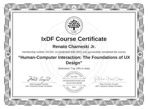 IxDF Course Certificate awarded to Renato Charneski Jr. for completing the "Human-Computer Interaction: The Foundations of UX Design" course
