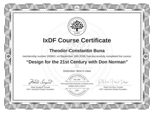Design for the 21st Century with Don Norman certificate