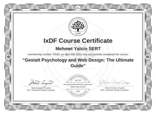 IxDF Course Certificate awarded to Mehmet Yalcin SERT for completing the "Gestalt Psychology and Web Design: The Ultimate Guide" course
