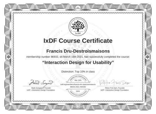Interaction Design for Usability certificate