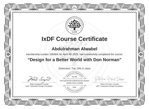 Design for a Better World with Don Norman certificate