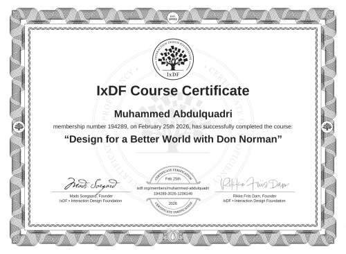 Design for a Better World with Don Norman certificate