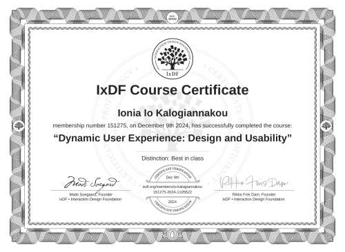 Dynamic User Experience: Design and Usability certificate
