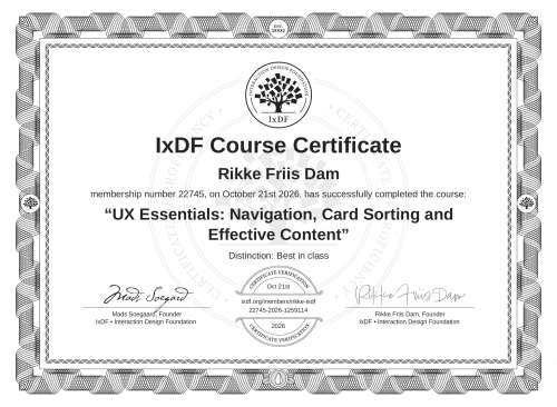 UX Essentials: Navigation, Card Sorting and Effective Content certificate