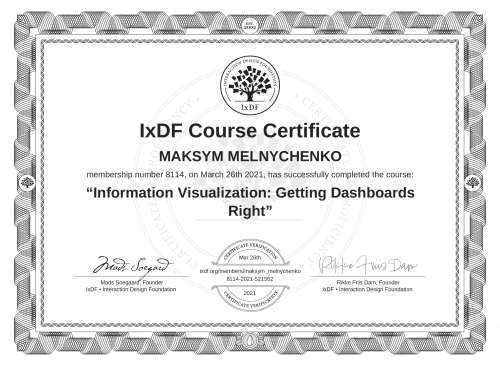 Information Visualization: Getting Dashboards Right certificate
