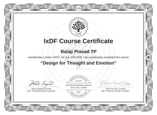 Design for Thought and Emotion certificate