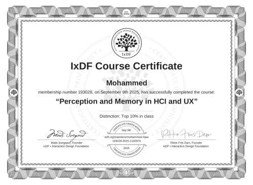 Perception and Memory in HCI and UX certificate