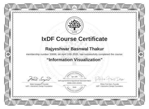IxDF Course Certificate awarded to Rajyeshwar Basnwal Thakur for completing the "Information Visualization" course