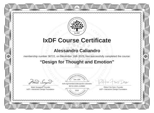 Design for Thought and Emotion certificate