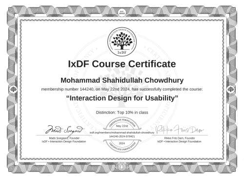 Interaction Design for Usability certificate