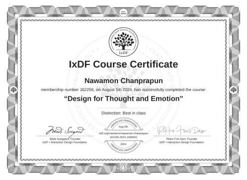 Design for Thought and Emotion certificate