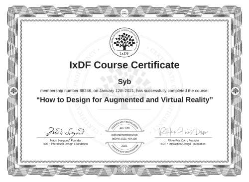 How to Design for Augmented and Virtual Reality certificate