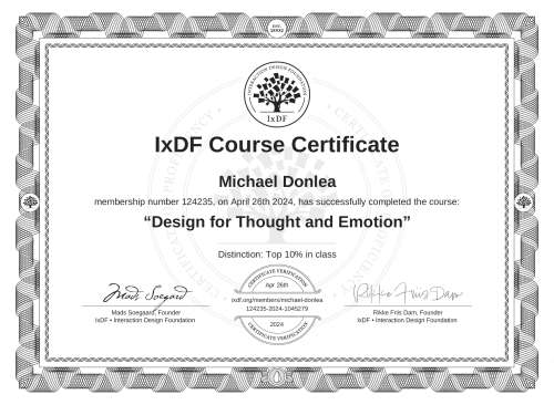 Design for Thought and Emotion certificate