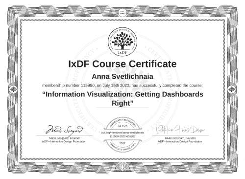 Information Visualization: Getting Dashboards Right certificate
