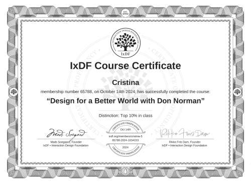 Design for a Better World with Don Norman certificate