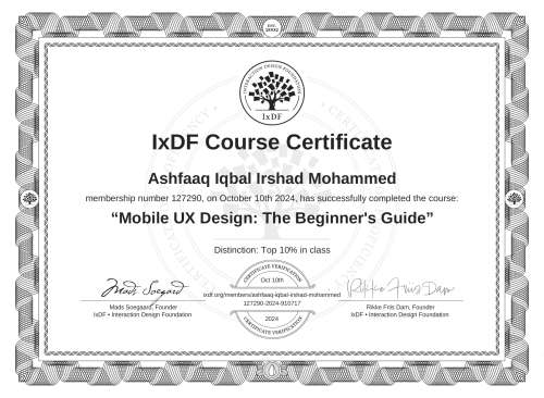 Mobile UX Design: The Beginner's Guide certificate