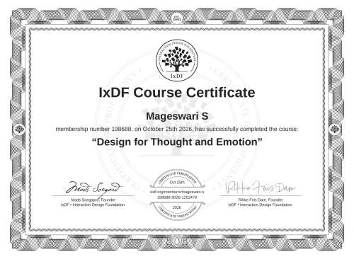 Design for Thought and Emotion certificate