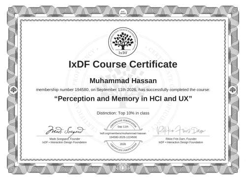 Perception and Memory in HCI and UX certificate
