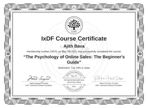 IxDF Course Certificate awarded to Ajith Bava for completing the "The Psychology of Online Sales: The Beginner's Guide" course