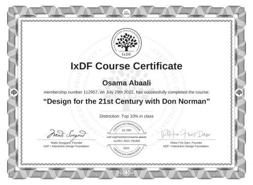 Design for the 21st Century with Don Norman certificate