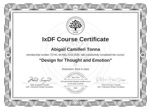 Design for Thought and Emotion certificate