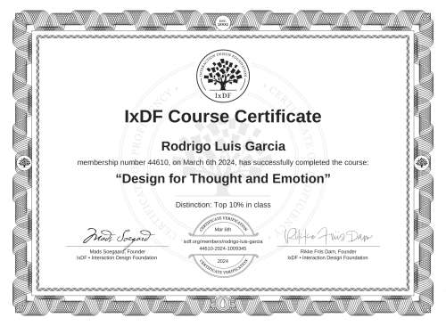 Design for Thought and Emotion certificate