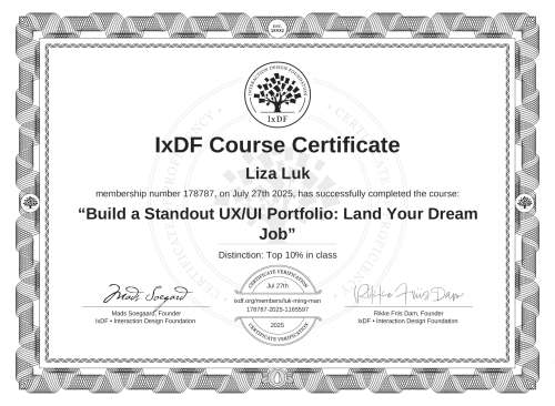 IxDF Course Certificate awarded to Liza Luk for completing the "Build a Standout UX/UI Portfolio: Land Your Dream Job" course