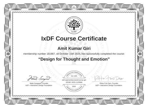 Design for Thought and Emotion certificate