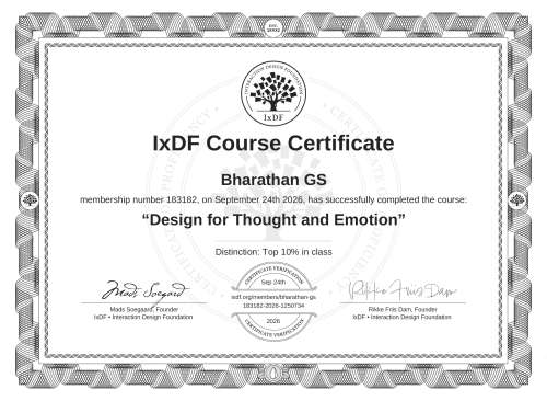 Design for Thought and Emotion certificate