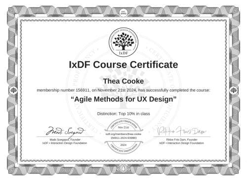 IxDF Course Certificate awarded to Thea Cooke for completing the "Agile Methods for UX Design" course