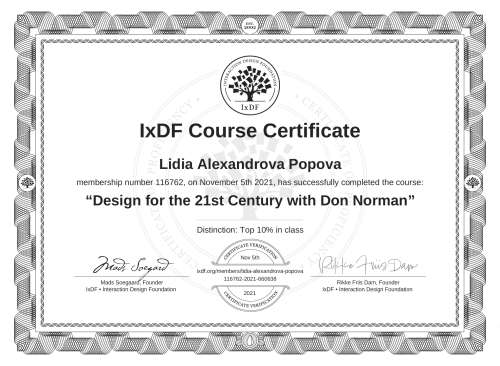 Design for the 21st Century with Don Norman certificate