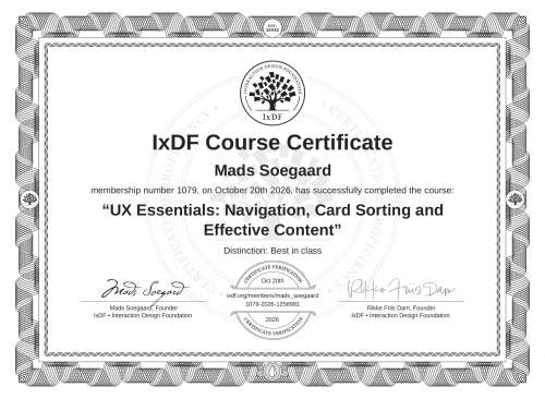 UX Essentials: Navigation, Card Sorting and Effective Content certificate