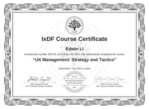 UX Management: Strategy and Tactics certificate
