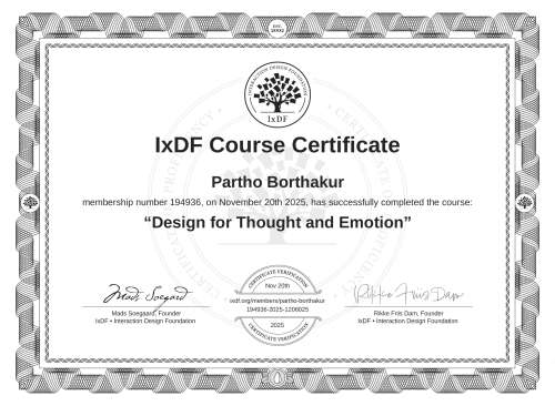 Design for Thought and Emotion certificate
