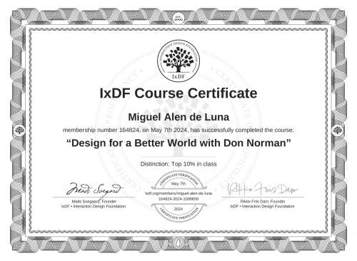 Design for a Better World with Don Norman certificate